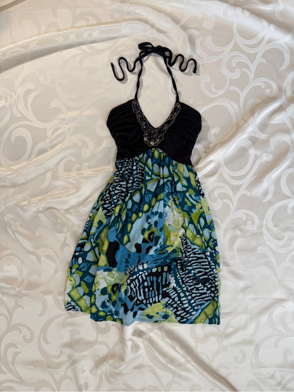 Trixxi Black Halter Dress with Blue & Green Print